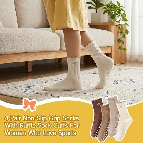 4 Pairs Women's Pilates Non Slip Socks Cute Bow-tie Ruffled Yoga Crew Socks for Ballet Barre Hospital Gym in Kuwait