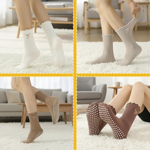 4 Pairs Women's Pilates Non Slip Socks Cute Bow-tie Ruffled Yoga Crew Socks for Ballet Barre Hospital Gym in Kuwait
