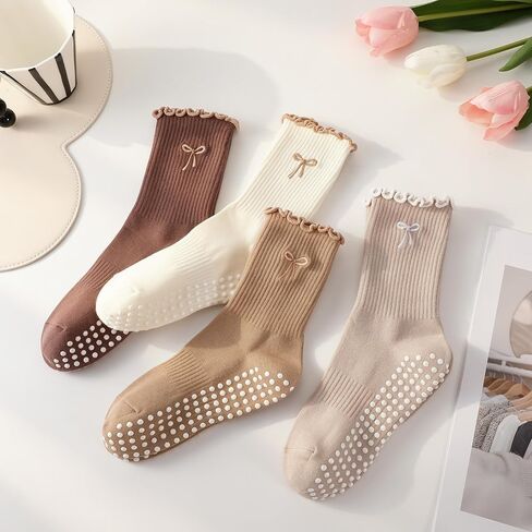 4 Pairs Women's Pilates Non Slip Socks Cute Bow-tie Ruffled Yoga Crew Socks for Ballet Barre Hospital Gym in Kuwait