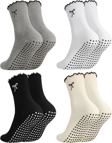4 Pairs Women's Pilates Non Slip Socks Cute Bow-tie Ruffled Yoga Crew Socks for Ballet Barre Hospital Gym in Kuwait