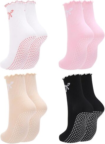 4 Pairs Women's Pilates Non Slip Socks Cute Bow-tie Ruffled Yoga Crew Socks for Ballet Barre Hospital Gym in Kuwait