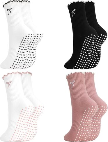 4 Pairs Women's Pilates Non Slip Socks Cute Bow-tie Ruffled Yoga Crew Socks for Ballet Barre Hospital Gym in Kuwait