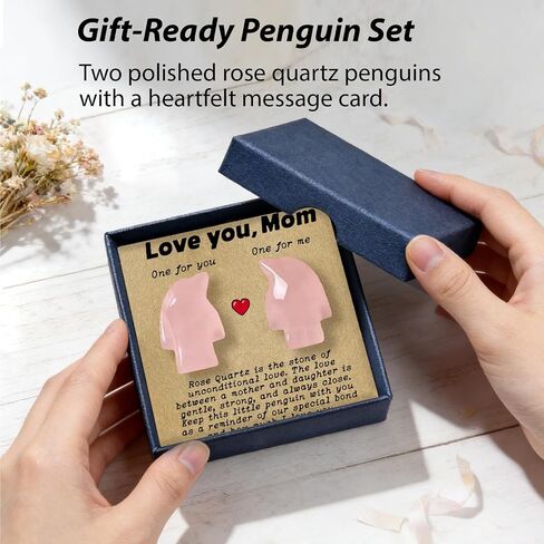 Gift for Mom from Daughter, Mother Daughter Rose Quartz Penguin Keepsake Set, Love You Mum Crystal Figurine Pocket Hug, Sentimental Birthday Comfort Gift for Mother's Day (Mom) in Kuwait