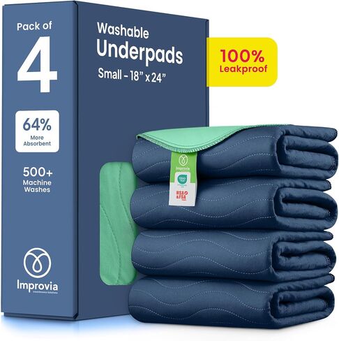 IMPROVIA® Washable Underpads, Heavy Absorbency Reusable Incontinence Pads for Kids, Adults, Elderly, and Pets, Waterproof Protection Floor (Navy & Green, 18"x24" (Pack of 4)) in Saudi Arabia