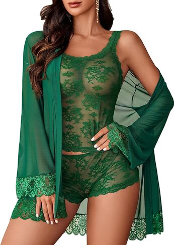 Avidlove Women Sexy Lingerie Set 3 Piece V Neck Cami Sleepwear with Lace Kimono Red Robe Nighthown (Green, Medium) in Kuwait
