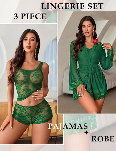 Avidlove Women Sexy Lingerie Set 3 Piece V Neck Cami Sleepwear with Lace Kimono Red Robe Nighthown (Green, Medium) in Kuwait