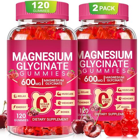 Magnesium Glycinate Gummies 600mg, Sugar Free Magnesium Gummies for Adults, Chewable Potassium Supplements for Body Support, Zzz and Relaxation, 120 Count in Kuwait