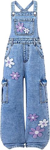 WDIRARA Girl's Floral Denim Overalls Sleeveless Straight Leg Jumpsuit Bib Overall with Pockets in Kuwait