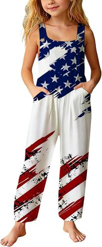 American Flag Overalls Casual 4th Of July Outfits For Girls 250th Anniversary Patriotic Romper With Pocket 5-14 Years in Kuwait