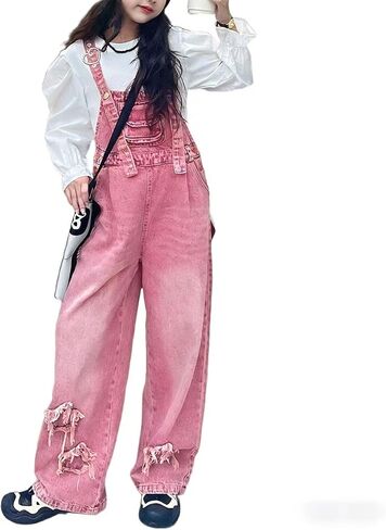 Girls Kids Denim Overalls with Stars Wide Leg Jeans Jumpsuits Baggy Bib Overalls with Pockets 6-14 Years in Saudi Arabia