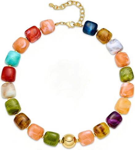 WOWORAMA Colorful Chunky Necklaces for Women Trendy Multicolor Large Square Resin Beads Necklace Boho Chunky Statement Choker Necklaces Y2K Summer Jewelry in Kuwait