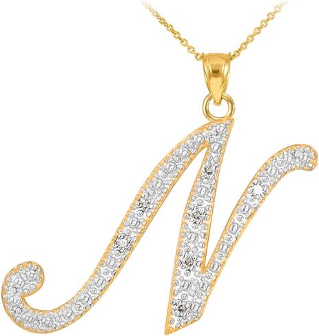 14K Yellow Gold Diamond Accented Dangling Cursive Initial N Charm 4/5" Pendant Necklace (J-K Color, I1-I2 Clarity) - Choice of Length in Saudi Arabia