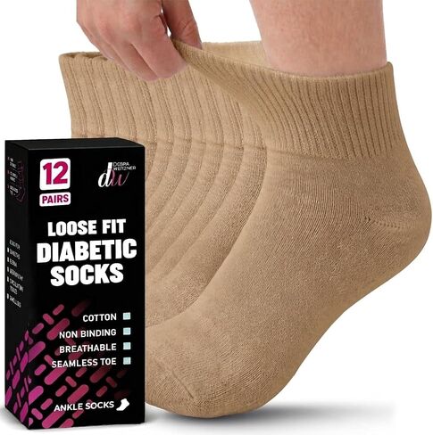 Debra Weitzner Diabetic Ankle Socks Mens Womens Non-binding Socks Loose Fit 12 Pairs Beige in Kuwait