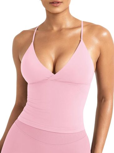 YEOREO LuxFlow Women's Workout Tank Top with Bra Pads Twist Front Straps Summer Seamless Camisole Shirts Longline Sports Bras in Kuwait