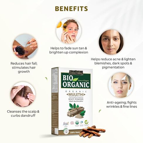 INDUS VALLEY 100% Organic Licorice Root Powder, Natural Pure Mulethi Powder | Yashimadhu | Liquorice | Glycyrrhiza Glabra | Hair And Skin Care (100 G (Pack Of 1)) in Saudi Arabia