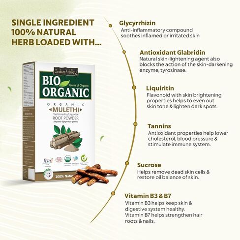 INDUS VALLEY 100% Organic Licorice Root Powder, Natural Pure Mulethi Powder | Yashimadhu | Liquorice | Glycyrrhiza Glabra | Hair And Skin Care (100 G (Pack Of 1)) in Saudi Arabia