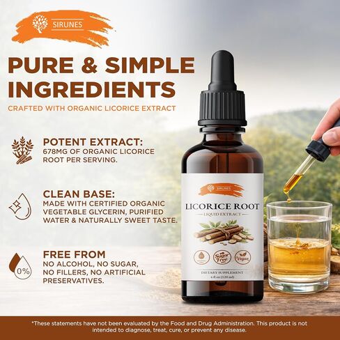 SIRUNES Licorice Root Extract Liquid Drops – Alcohol Free Licorice Tincture with Vegetable Glycerin – Glycyrrhiza Glabra Herbal Extract – Natural Botanical Supplement – 4 fl oz (120 ml) in Saudi Arabia