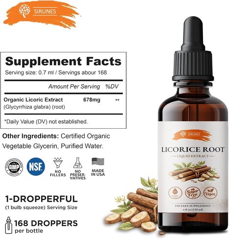 SIRUNES Licorice Root Extract Liquid Drops – Alcohol Free Licorice Tincture with Vegetable Glycerin – Glycyrrhiza Glabra Herbal Extract – Natural Botanical Supplement – 4 fl oz (120 ml) in Saudi Arabia