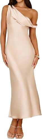 Women's Summer Satin Off Shoulder Sleeveless Midi Dress 2026 Elegant Silk Backless Formal Cocktail Dresses Wedding Guest in Saudi Arabia
