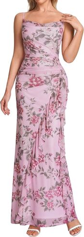 URYIAO Floral Wedding Guest Maxi Dress Women 2026 Cowl Neck Ruffle Ruched Cocktail Party Long Dresses in Saudi Arabia