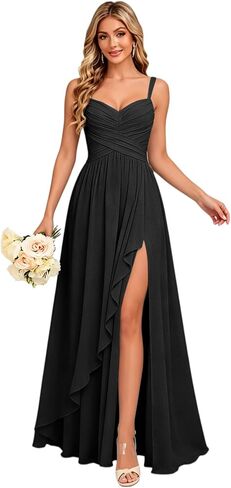 Chiffon Bridesmaid Dresses with Slit for Women Long Ruffle Wedding Guest Dress Spaghetti Straps Pleated Formal Gowns in Saudi Arabia