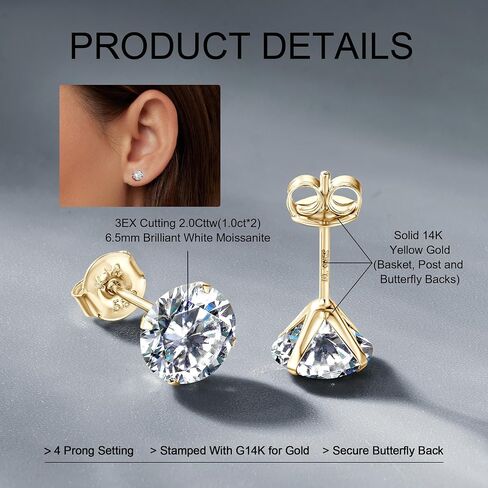 Solid 14K Yellow Gold Solitaire Round Moissanite Stud Earrings with 14K Gold Butterfly Push Backings, 0.2-2 Carat Lab Created Moissanite Simulated Diamond Earrings for Women Men, 3mm-6.5mm in Saudi Arabia