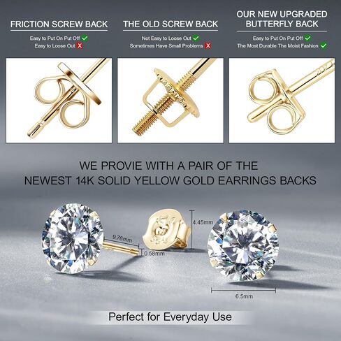 Solid 14K Yellow Gold Solitaire Round Moissanite Stud Earrings with 14K Gold Butterfly Push Backings, 0.2-2 Carat Lab Created Moissanite Simulated Diamond Earrings for Women Men, 3mm-6.5mm in Saudi Arabia
