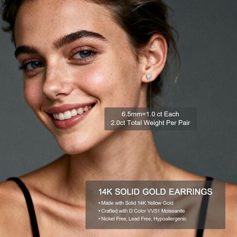 Solid 14K Yellow Gold Solitaire Round Moissanite Stud Earrings with 14K Gold Butterfly Push Backings, 0.2-2 Carat Lab Created Moissanite Simulated Diamond Earrings for Women Men, 3mm-6.5mm in Saudi Arabia