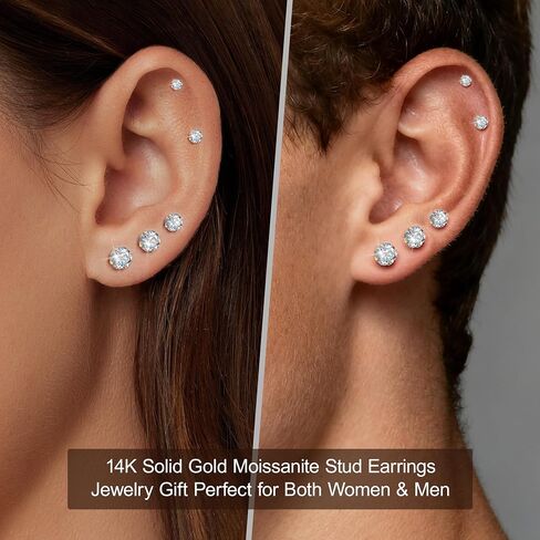Solid 14K Yellow Gold Solitaire Round Moissanite Stud Earrings with 14K Gold Butterfly Push Backings, 0.2-2 Carat Lab Created Moissanite Simulated Diamond Earrings for Women Men, 3mm-6.5mm in Saudi Arabia