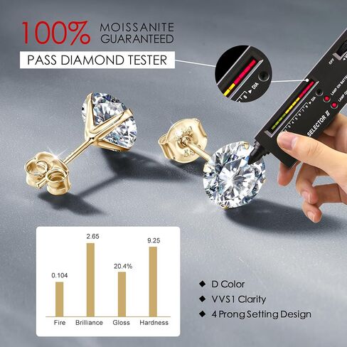 Solid 14K Yellow Gold Solitaire Round Moissanite Stud Earrings with 14K Gold Butterfly Push Backings, 0.2-2 Carat Lab Created Moissanite Simulated Diamond Earrings for Women Men, 3mm-6.5mm in Saudi Arabia