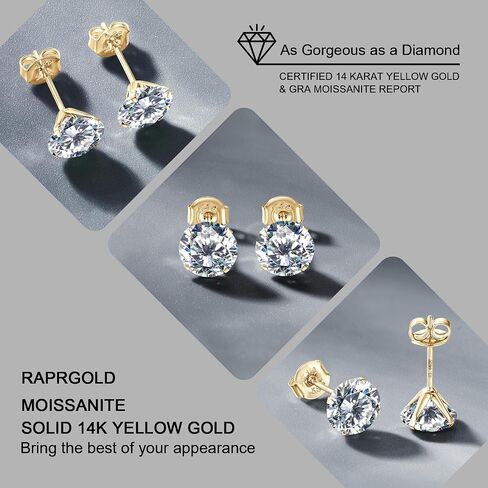 Solid 14K Yellow Gold Solitaire Round Moissanite Stud Earrings with 14K Gold Butterfly Push Backings, 0.2-2 Carat Lab Created Moissanite Simulated Diamond Earrings for Women Men, 3mm-6.5mm in Saudi Arabia
