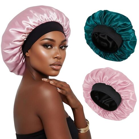 Silk Bonnet for Sleeping Double Layer Satin Bonnet Adjustable Bonnets for Black Women Sleep Cap Reversible Hair Bonnet for Curly Hair (Black and Leopard) in Kuwait
