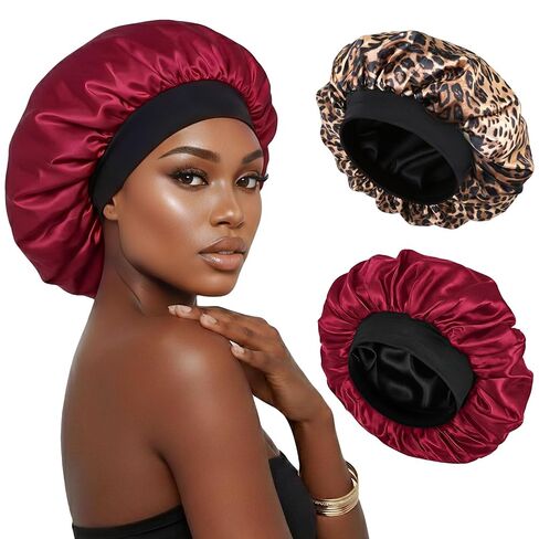 Silk Bonnet for Sleeping Double Layer Satin Bonnet Adjustable Bonnets for Black Women Sleep Cap Reversible Hair Bonnet for Curly Hair (Black and Leopard) in Kuwait