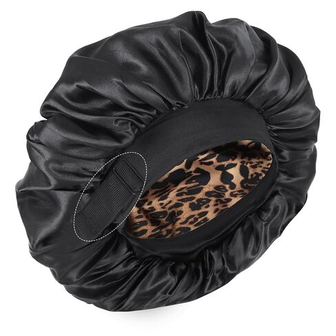 Silk Bonnet for Sleeping Double Layer Satin Bonnet Adjustable Bonnets for Black Women Sleep Cap Reversible Hair Bonnet for Curly Hair (Black and Leopard) in Kuwait