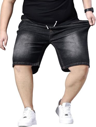 حجم كبير Jorts للرجال مرونة الخصر شورتات جينز كبيرة وطويلة مستقيمة فضفاضة سحب على الدنيم السراويل 2XL-6XL in Kuwait