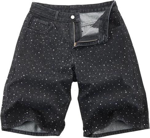 Men’s Baggy Jean Shorts Rhinestone Embroidered Denim Shorts Loose Fit Graphic Jorts with Crystal Studs for Summer Streetwear in Kuwait