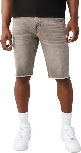 شورت دينم رجالي من True Religion بحاشية Ricky Frayed - مقاس مريح، تفاصيل على شكل حدوة حصان، حاشية مقصوصة بشكل خام - غسول رمادي بلانكتون، 34 in Kuwait