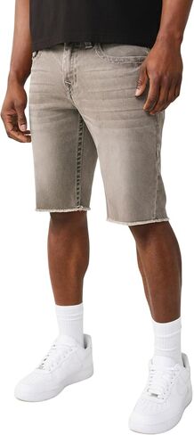 شورت دينم رجالي من True Religion بحاشية Ricky Frayed - مقاس مريح، تفاصيل على شكل حدوة حصان، حاشية مقصوصة بشكل خام - غسول رمادي بلانكتون، 34 in Kuwait