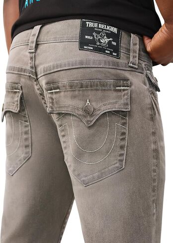 شورت دينم رجالي من True Religion بحاشية Ricky Frayed - مقاس مريح، تفاصيل على شكل حدوة حصان، حاشية مقصوصة بشكل خام - غسول رمادي بلانكتون، 34 in Kuwait