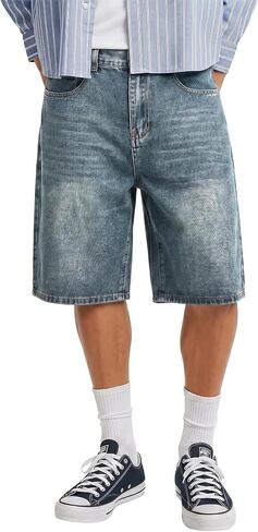 شورت جينز فضفاض للرجال من Comdecevis مقاس فضفاض Jorts Vintage مغسول كاجوال من قماش الدنيم in Kuwait