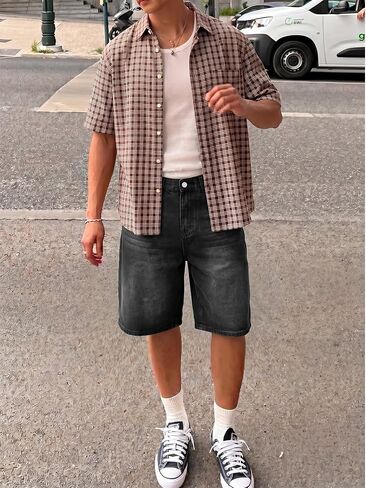 شورت جينز فضفاض للرجال من Comdecevis مقاس فضفاض Jorts Vintage مغسول كاجوال من قماش الدنيم in Kuwait
