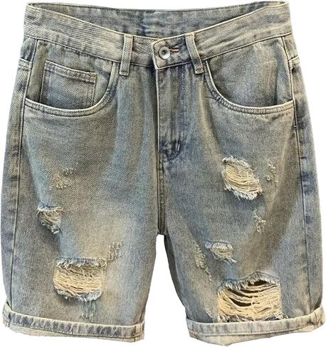 Men's Street Style Jean Shorts Fashion Ripped Knee Lenght Half Jeans Distressed Classic Fit Frayed Short Jean Pants in Kuwait