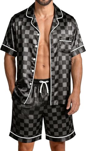 Mens Satin Silky Pajamas Set Short Sleeve Button Down Sleepwear Pjs Summer 2 PCS Loungewear with Pockets M-2XL in Kuwait