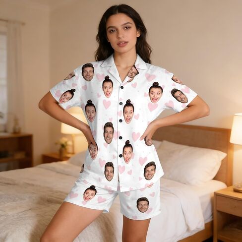 Custom Face Pajamas Set for Women Personalized Pjs Photo Summer 2Pcs Short Sleeve Sleepwear Loungewear Pajama in Kuwait