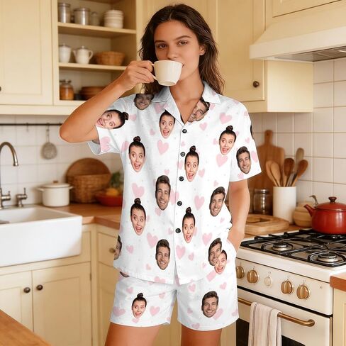 Custom Face Pajamas Set for Women Personalized Pjs Photo Summer 2Pcs Short Sleeve Sleepwear Loungewear Pajama in Kuwait