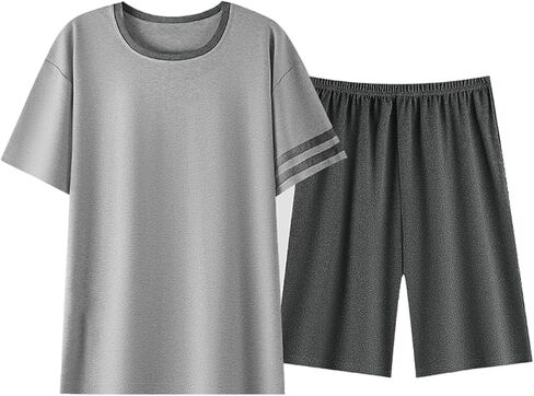 Mens Pajama Set Summer Sleepwear Short Sleeve Loungewear Lightweight Soft Nightwear Shirts Plaid Shorts with Pockets in Kuwait
