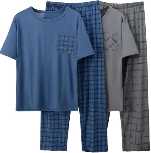 SOLY HUX Men's Pajama Sets 4 Piece Pjs Plaid Short Sleeve Top and Pants Loungewear Sleepwear Sets in Kuwait
