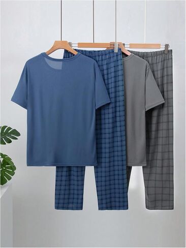 SOLY HUX Men's Pajama Sets 4 Piece Pjs Plaid Short Sleeve Top and Pants Loungewear Sleepwear Sets in Kuwait