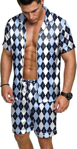 Ekouaer Mens Silk Satin Pajamas Set, Short Sleeve Sleepwear Lightweight Button Up Lounge Pjs Set with Pockets S-4XL in Kuwait