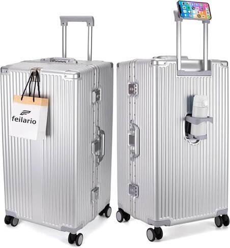 feilario 30in Super Large Captain Aluminum Frame Hardside Spinner Wheels Luggage, Removable Wheels Zipperless Checked Suitcase with Cup Holder/Phone Holder (Silver,30in) in Saudi Arabia